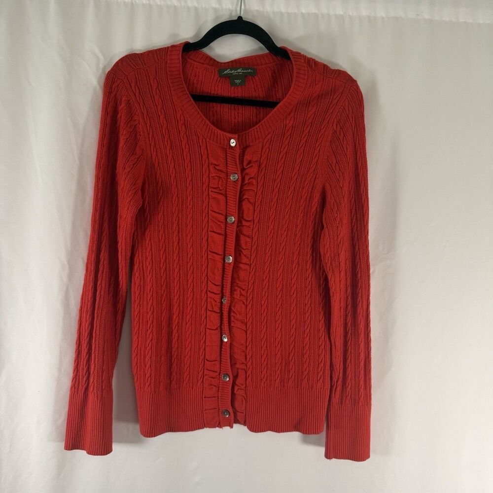 Eddie Bauer Cardigan Women's Medium Red Button Up Cable Knit Crew Neck